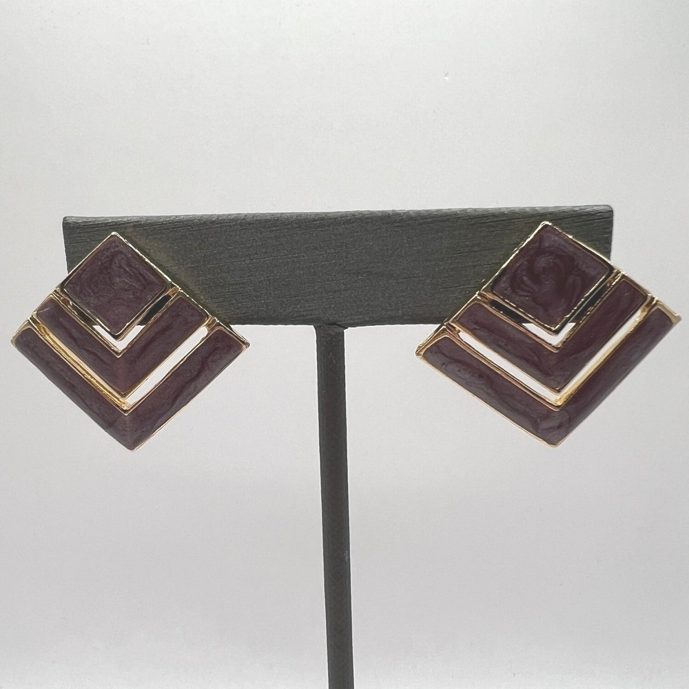 Vintage Pierced Earrings Open Square Marbled Purple Enamel Gold Tone